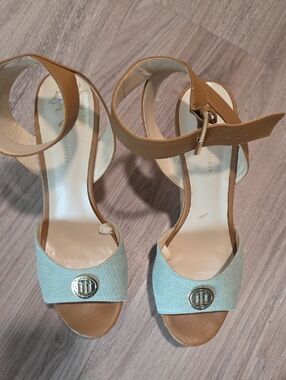 Tommy Hilfiger Tan Leather & Light Blue Fabric Ankle-Strap Heels